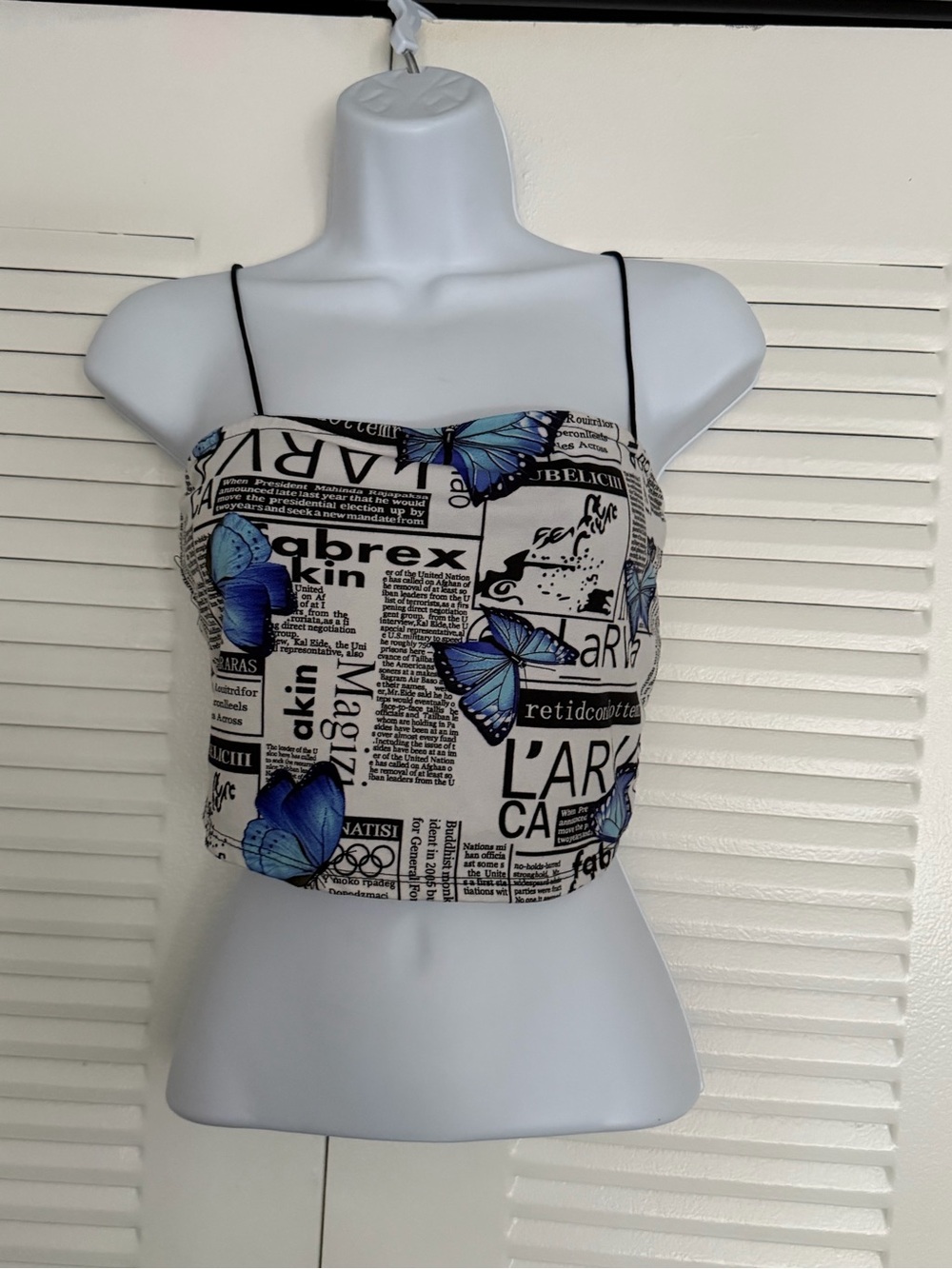 Newspaper Print Butterfly Crop Top with Blue Accents size Large